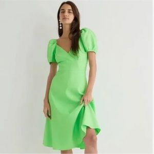 J. Crew Puff Sleeve V-Neck Midi Stretch Linen Dress Size 2 Summer Lime Fairycore